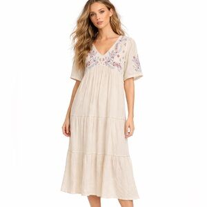 Zudio Embroidered Boho Tiered Dress Cream Floral Peasant Midi Medium